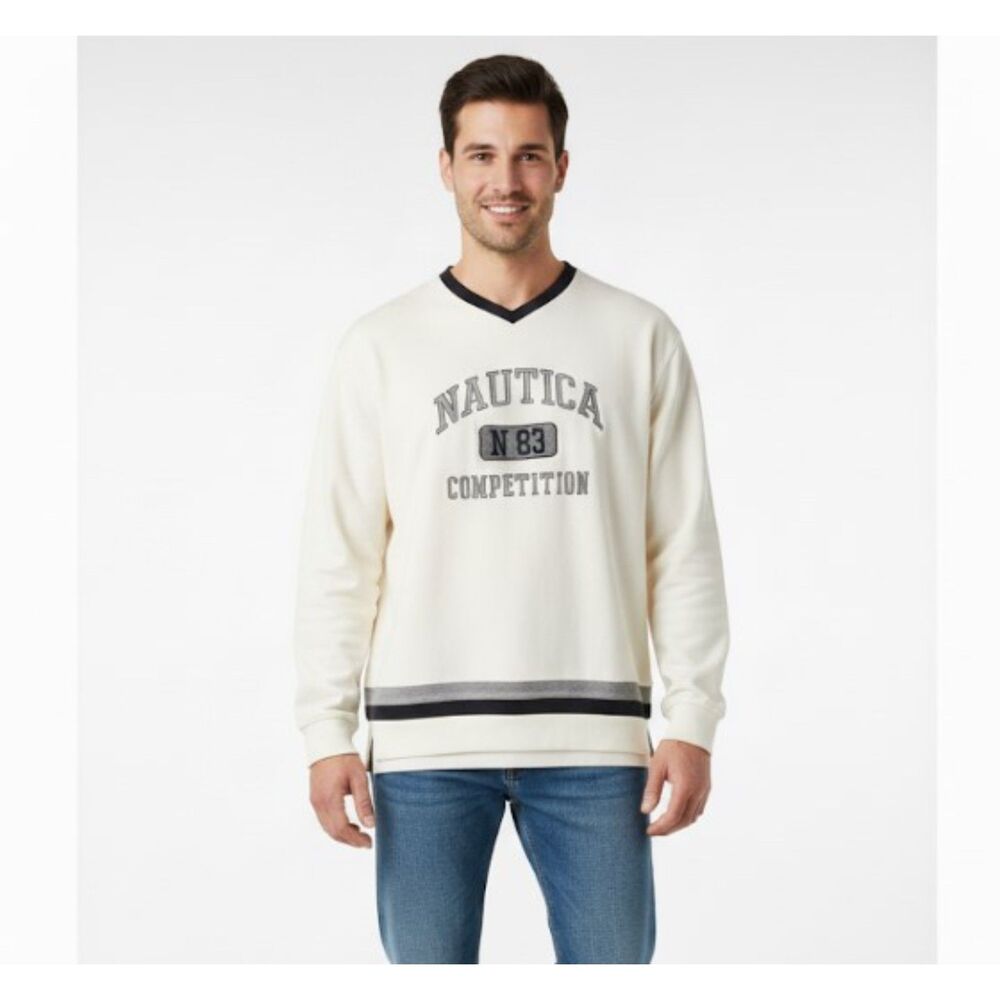 Nautica Competition Sweater Vintage N83 Pullover V Neck Embroidered Mens Sz L